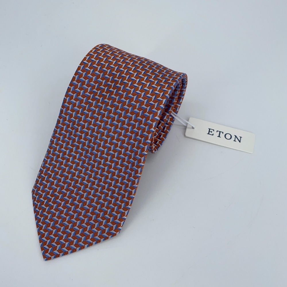 Eton Mens Silk Herringbone Tie Orange Blue Microprint Classic Necktie Italy NWT